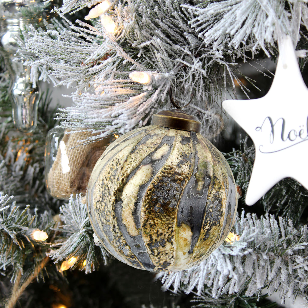 AuldHome Design Farmhouse Ball Ornaments (Set of 6, Gold/Silver); Distressed Metal Glass Ball Vintage Style Christmas Decorations