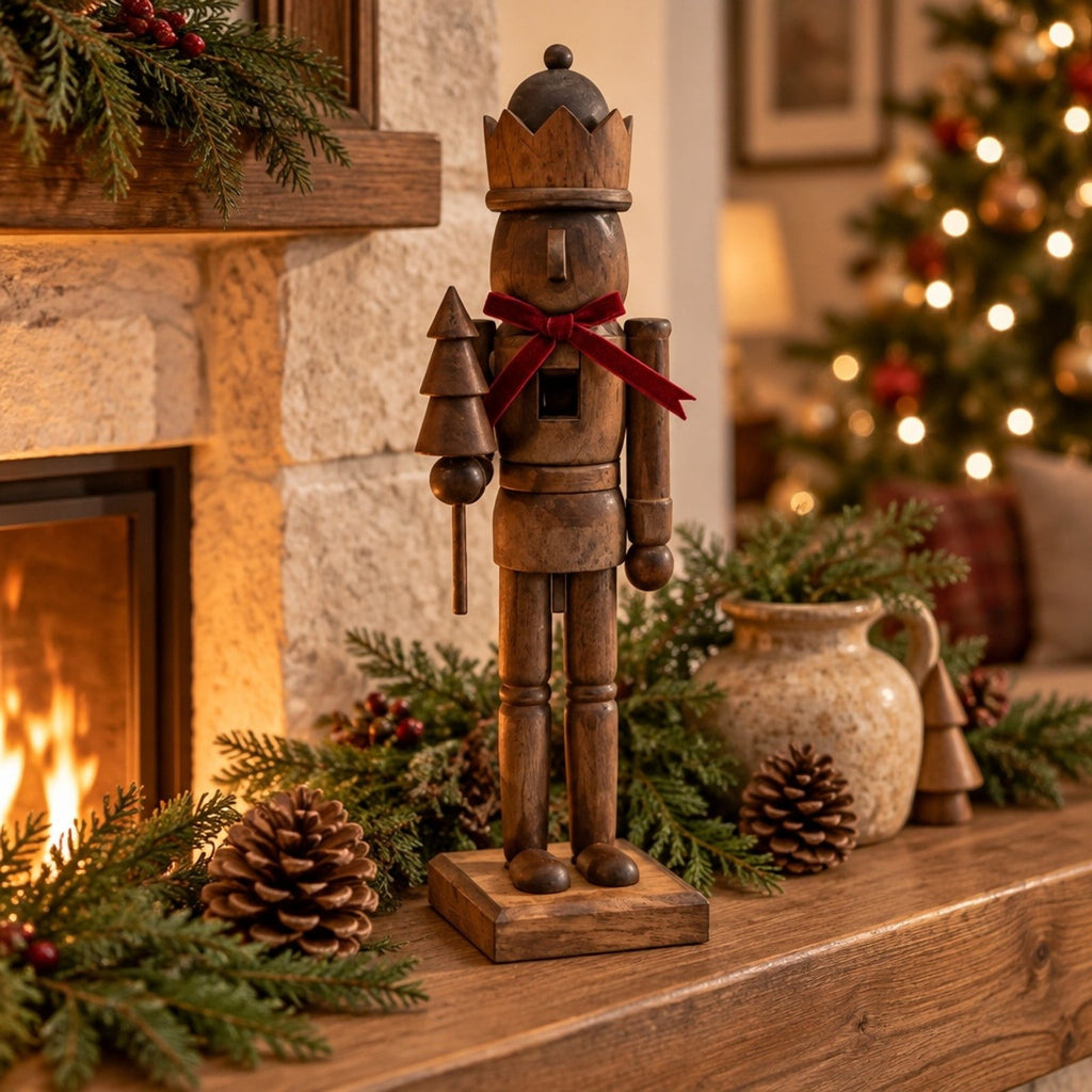 Wooden Nutcracker Figurine 15" Painted Christmas Soldier Statue – Traditional Holiday Decor for Mantel Shelf Floor Corner – Brown 1-Piece