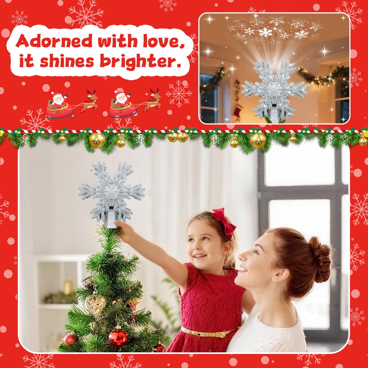 Christmas Tree Topper, Snowflake Tree Toppers Lighted Indoor with Rotating 3D Snowflake LED Projector, Hollow Glitter Lighted for Christmas Tree Decorations Holiday Ornaments, Sliver