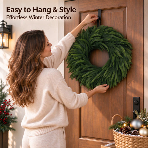 19.68in Christmas Norfolk Pine Wreath for Front Door - Artificial Greenery Wreath, Full Green Branches, All Season for Wall Porch Indoor Outdoor Decor