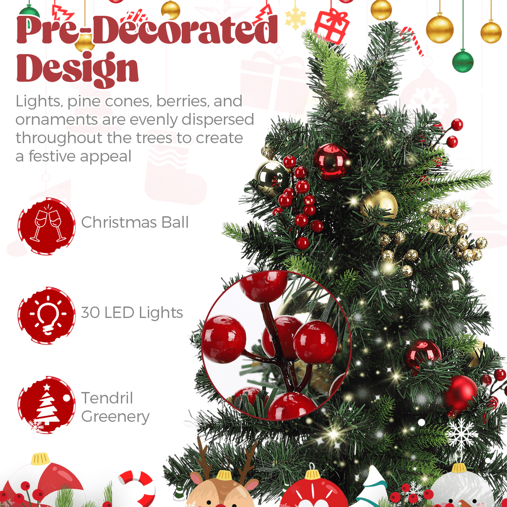 2 Pack 30 inch Prelit Outdoor Pathway Christmas Tree, Artificial Small Xmas Tree with Dual Color Berries & Balls, 30 Battery Operated Warm Lights for Holiday New Year Winter Patio Driveway Yard Lawn