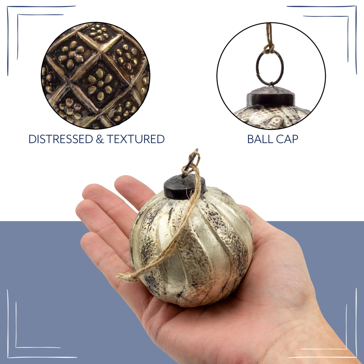 AuldHome Design Farmhouse Ball Ornaments (Set of 6, Gold/Silver); Distressed Metal Glass Ball Vintage Style Christmas Decorations