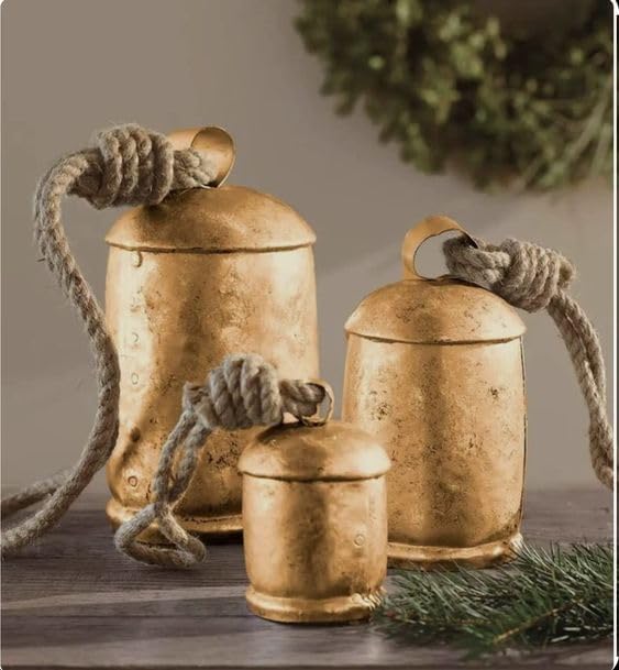 Set of 3 Rustic Christmas Cow Bells for Decoration – Antique Metal Jingle Bells for Tree, Wreath, & Holiday Decor