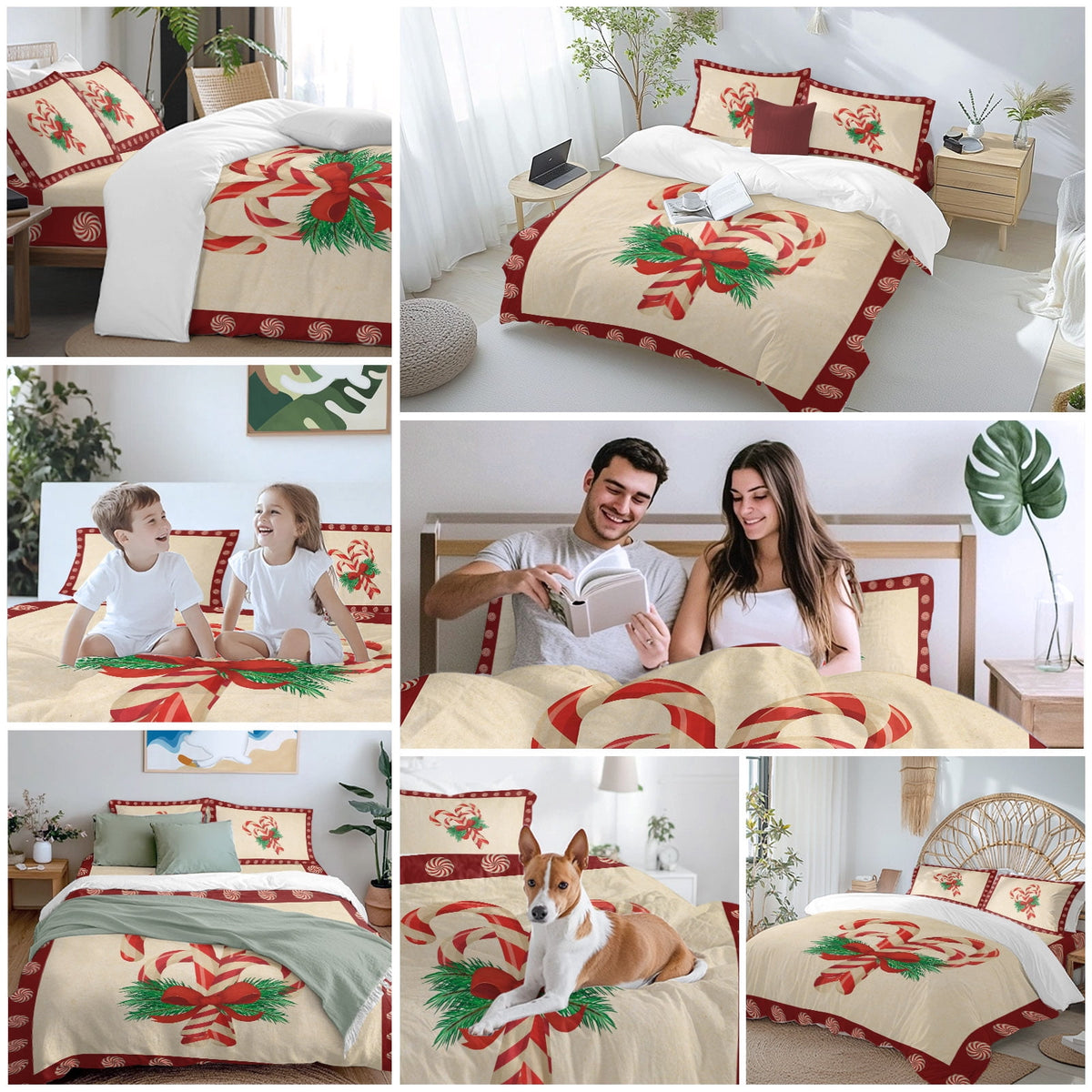 Candy Cane Bow Bedding Duvet Cover Set King Size 4 Pieces Christmas Winter Retro Bedding Set with Zipper Closure, 1 Comforter Cover 92x106 Inches 1 Flat Sheet & 2 Pillow Cases
