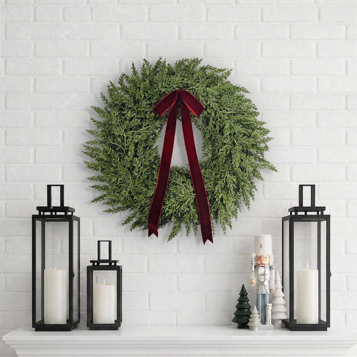 My Texas House Natural Feel Cedar Artificial Christmas Wreath with Bow, Green, 22"