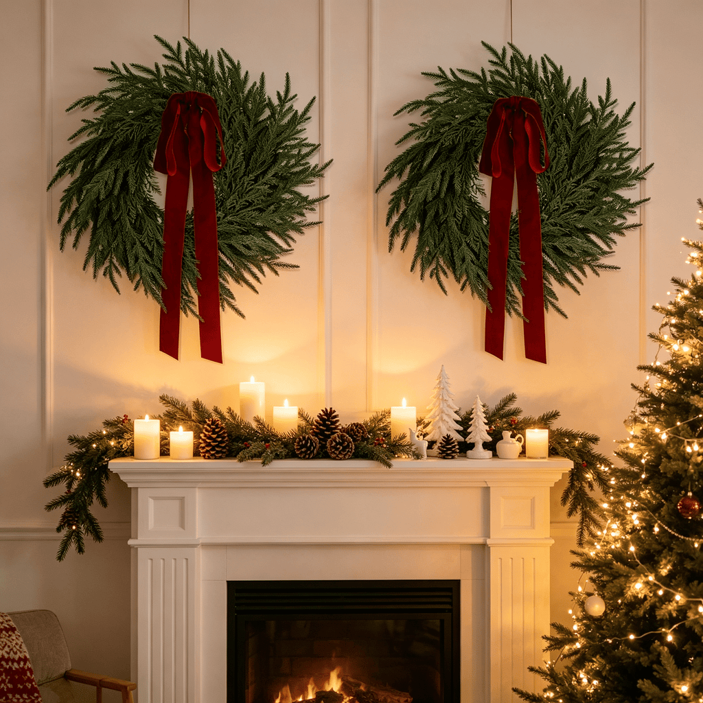2 Pack Artificial Christmas Wreaths for Front Door, 24" Norfolk Pine & Cedar Greenery Wreath with Red Bows, Real Touch Holiday Wreaths for Indoor Outdoor Christmas Decorations, Seasonal Decor