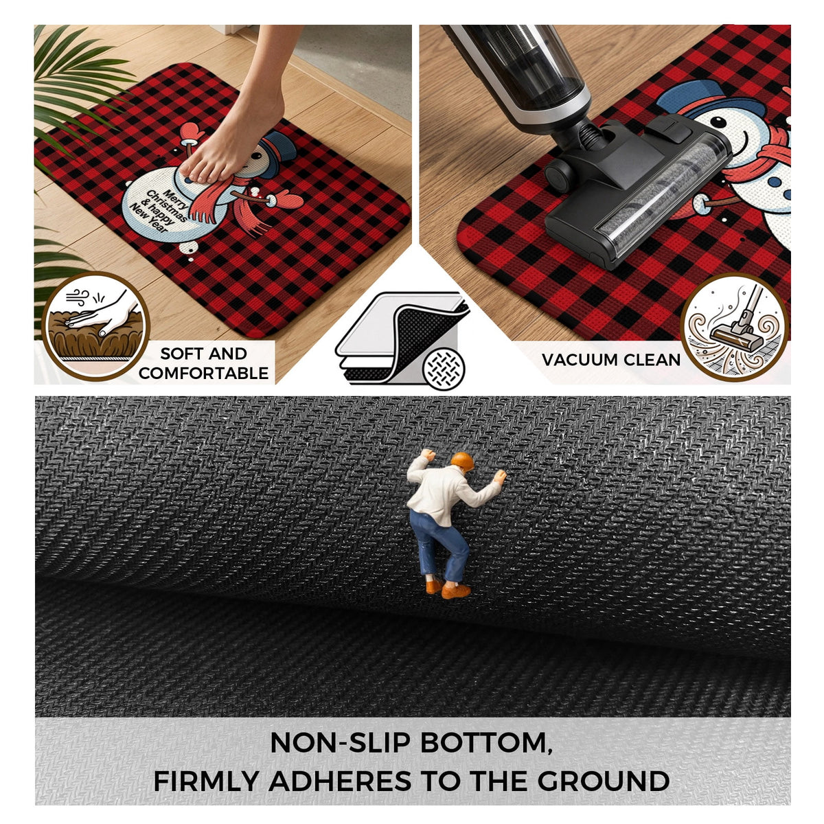 Christmas Snowman Bathroom Runner Rugs Non Slip Washable Absorbent Narrow Long Bath Mat Winter Holiday Xmas Red Black Plaid Runner Rugs for Kitchen Hallway Bedroom Laundry Study Room 31.5"x78.7"
