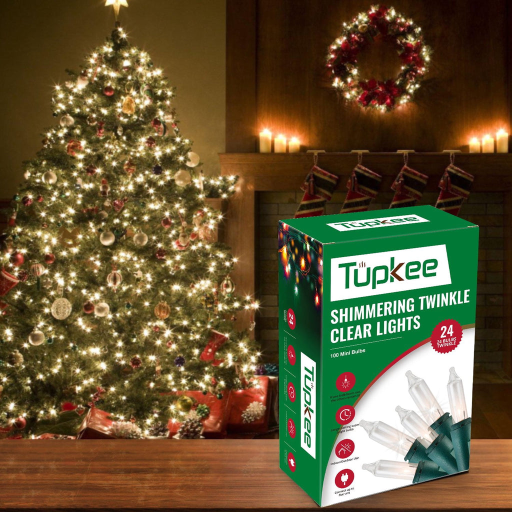 Christmas Random Shimmering Twinkle Lights - 24 of 100 Lights Twinkle Indoor Outdoor - 20.5 Feet Light String, 100 Clear Bulbs - Christmas Tree Holiday Decor Sparkling Twinkling Christmas Lights