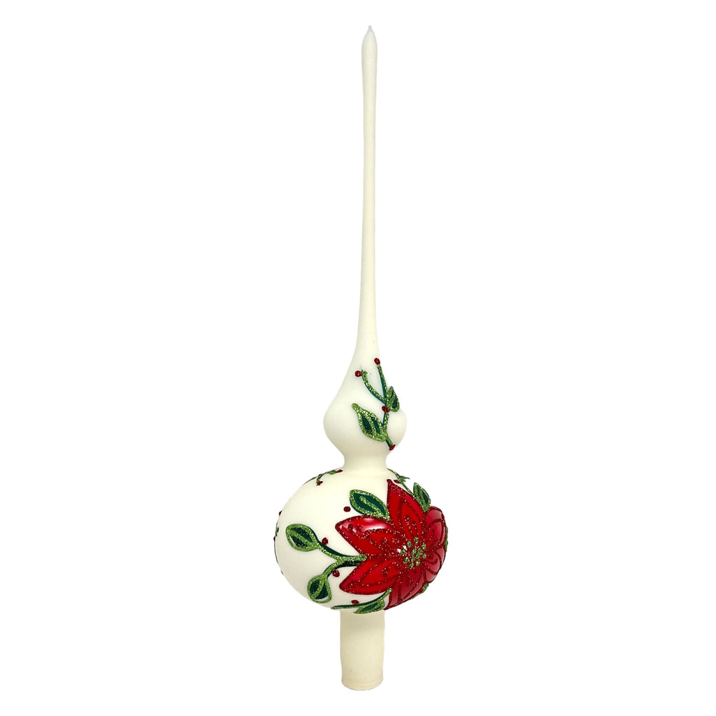 Pinnacle Peak Trading Poinsettia Design White Polish Glass Finial Christmas Tree Topper 14.5 inch