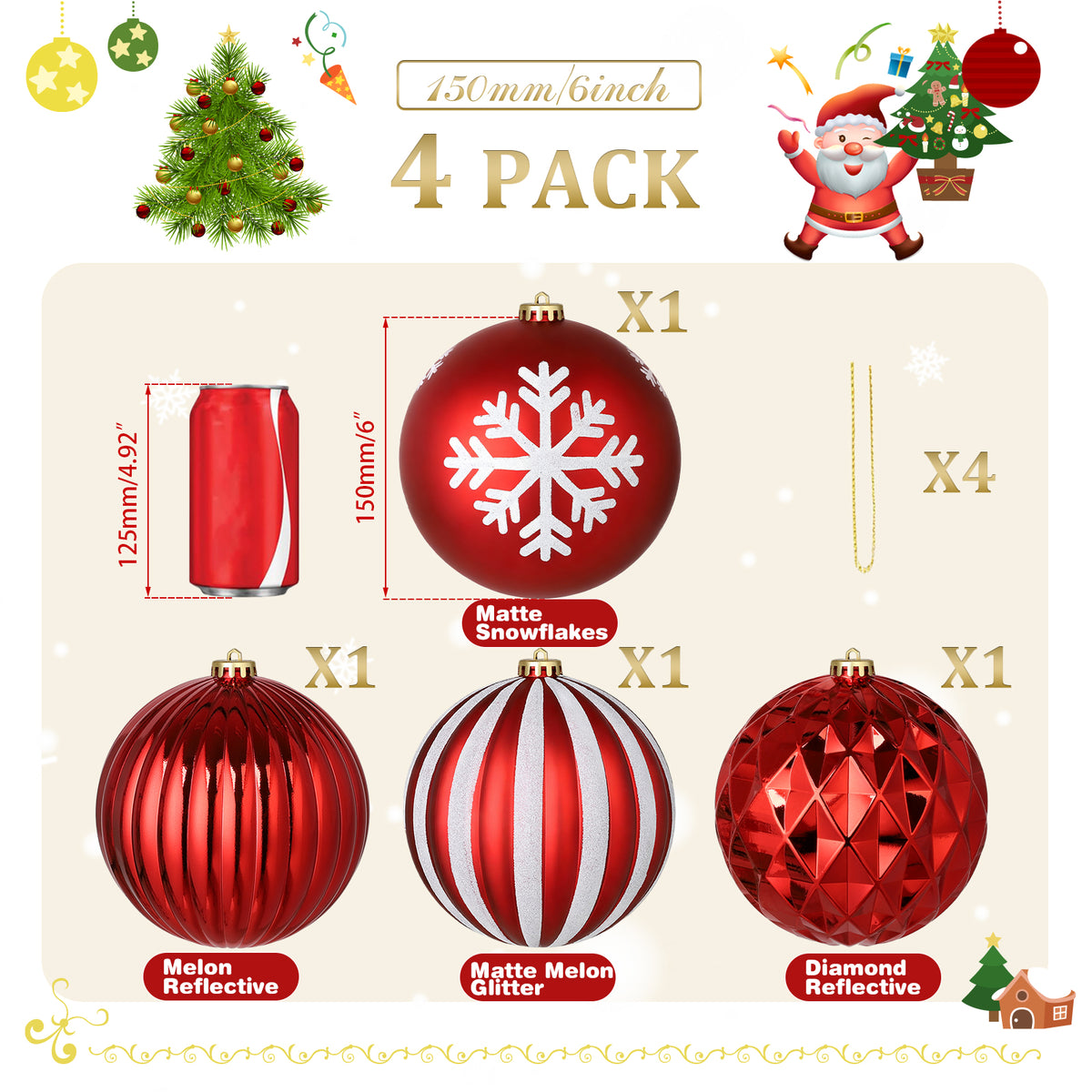 LAMPHOME 12PK 7'' Shatterproof Christmas Ball Ornaments - Solid Festive Decor with Glossy & Matte Finishes, Xmas Tree Ornaments for Holiday Parties (Red)