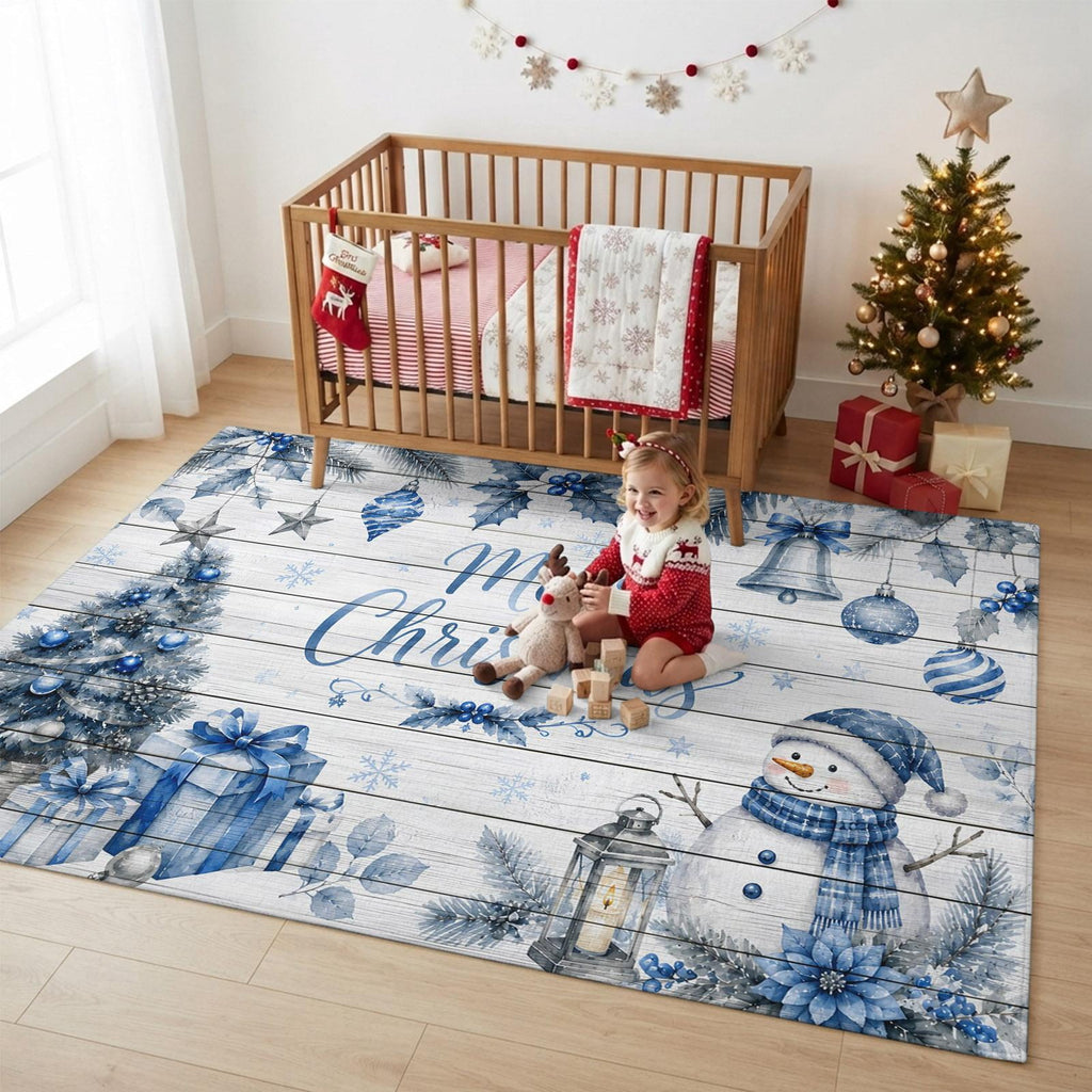 Large Area Rugs for Living Room Bedroom, Blue Merry Christmas 8'x10' Rug Washable Carpet Runner Indoor Outdoor, Xmas Tree Snowman Eucalyptus Wood Non Slip Floor Mats Rug for Kitchen, Patio