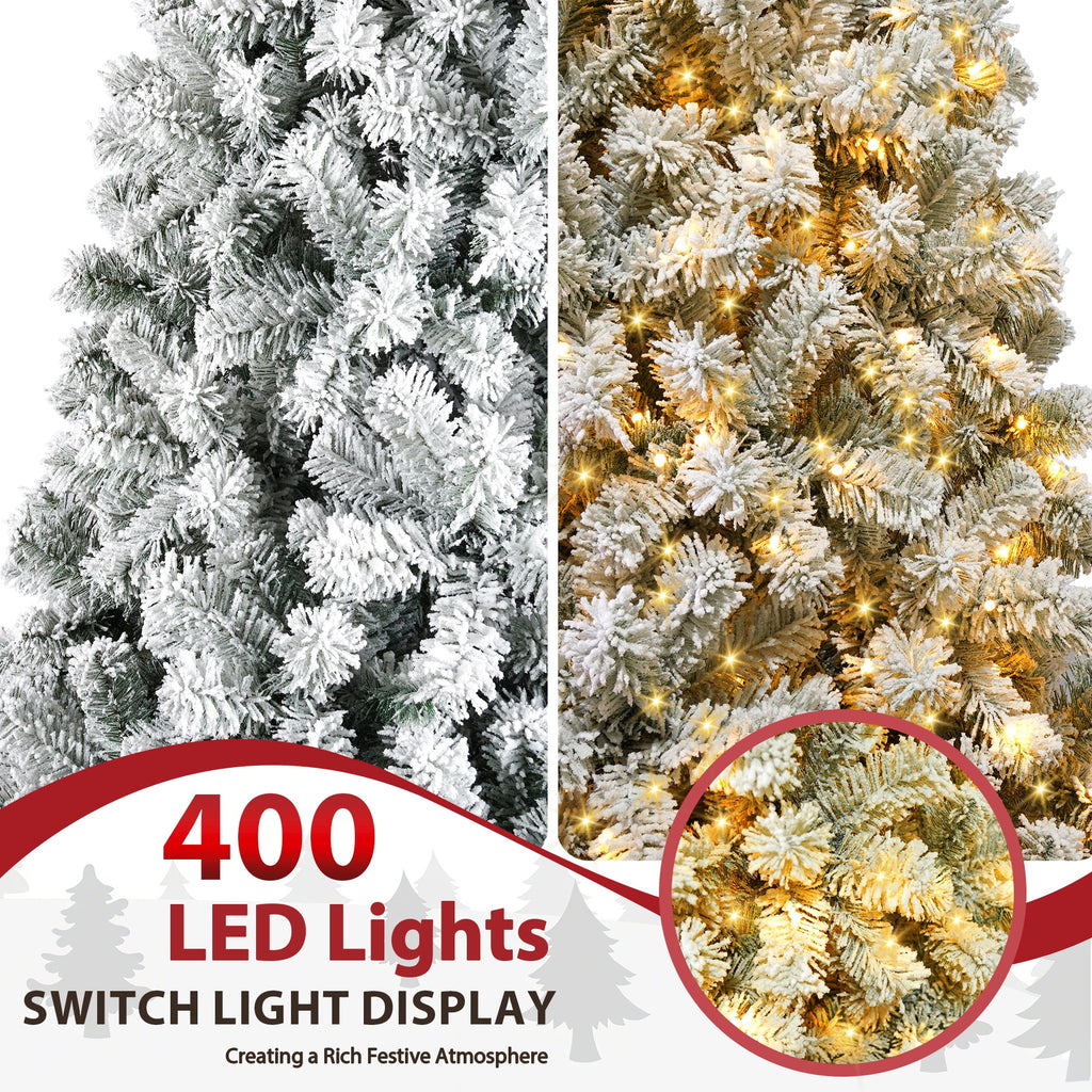 Yexmas 7.5ft Pre-Lit Snowflake Flocked Christmas Tree,8 Modes LED Lights,Artificial Xmas Tree with Storage Bag