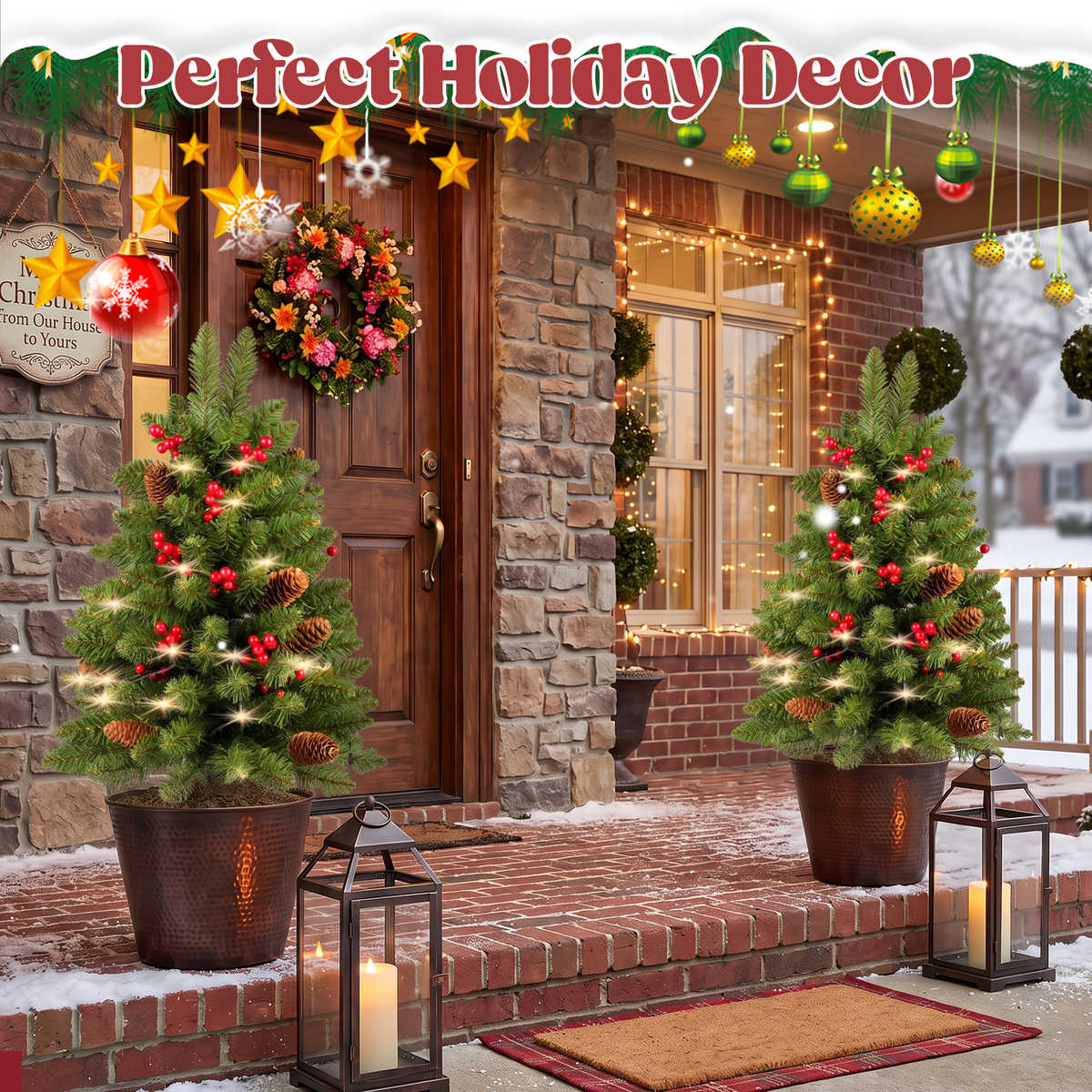2 Pack 30 inch Prelit Outdoor Christmas Tree, Small Pre-Decorated Green Xmas Tree with Cones & Red Berries, 30 Warm Lights, Urn Filler Holiday Decor for Entrance Driveway, Yard, Garden