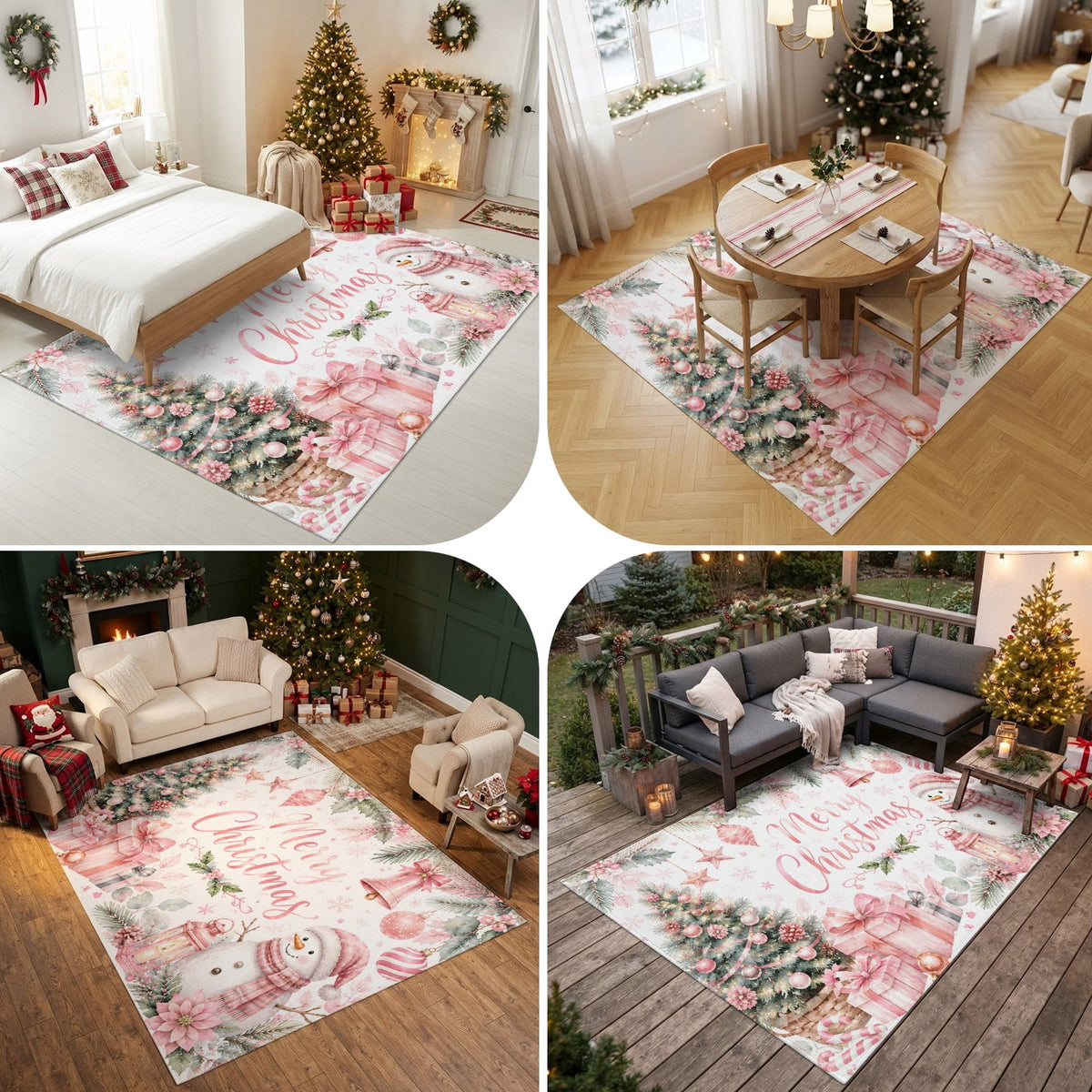 Large Area Rugs for Living Room Bedroom, Blue Merry Christmas 8'x10' Rug Washable Carpet Runner Indoor Outdoor, Xmas Tree Snowman Eucalyptus Wood Non Slip Floor Mats Rug for Kitchen, Patio