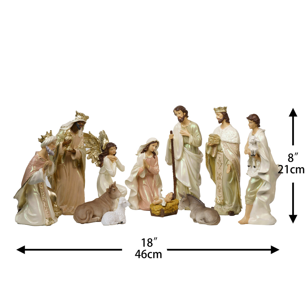Zayton 11-Piece Nativity Set 8" Light Gold Resin Holy Family Figurines Nativity Scene Tabletop Christmas Decor