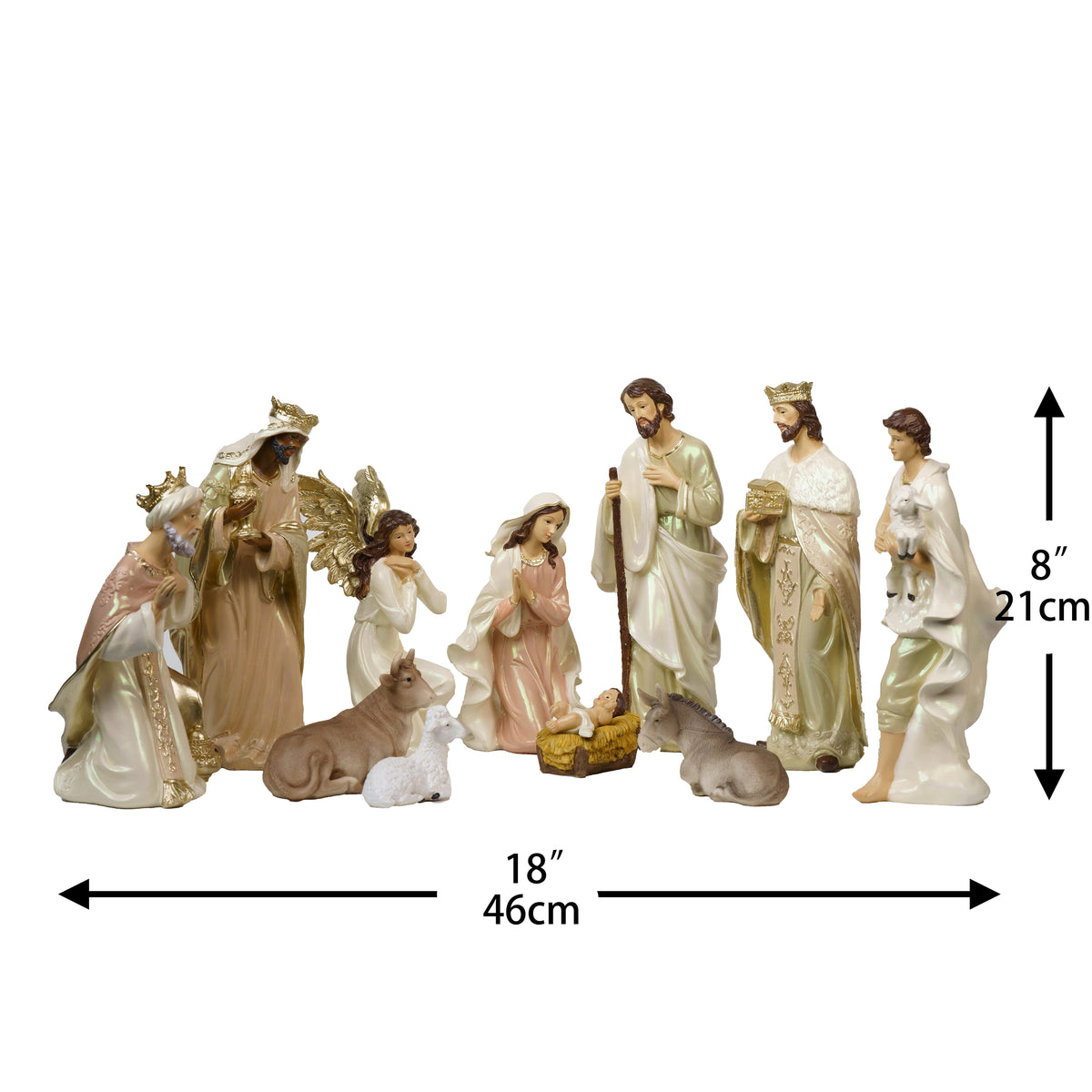 Zayton 11-Piece Nativity Set 8" Light Gold Resin Holy Family Figurines Nativity Scene Tabletop Christmas Decor