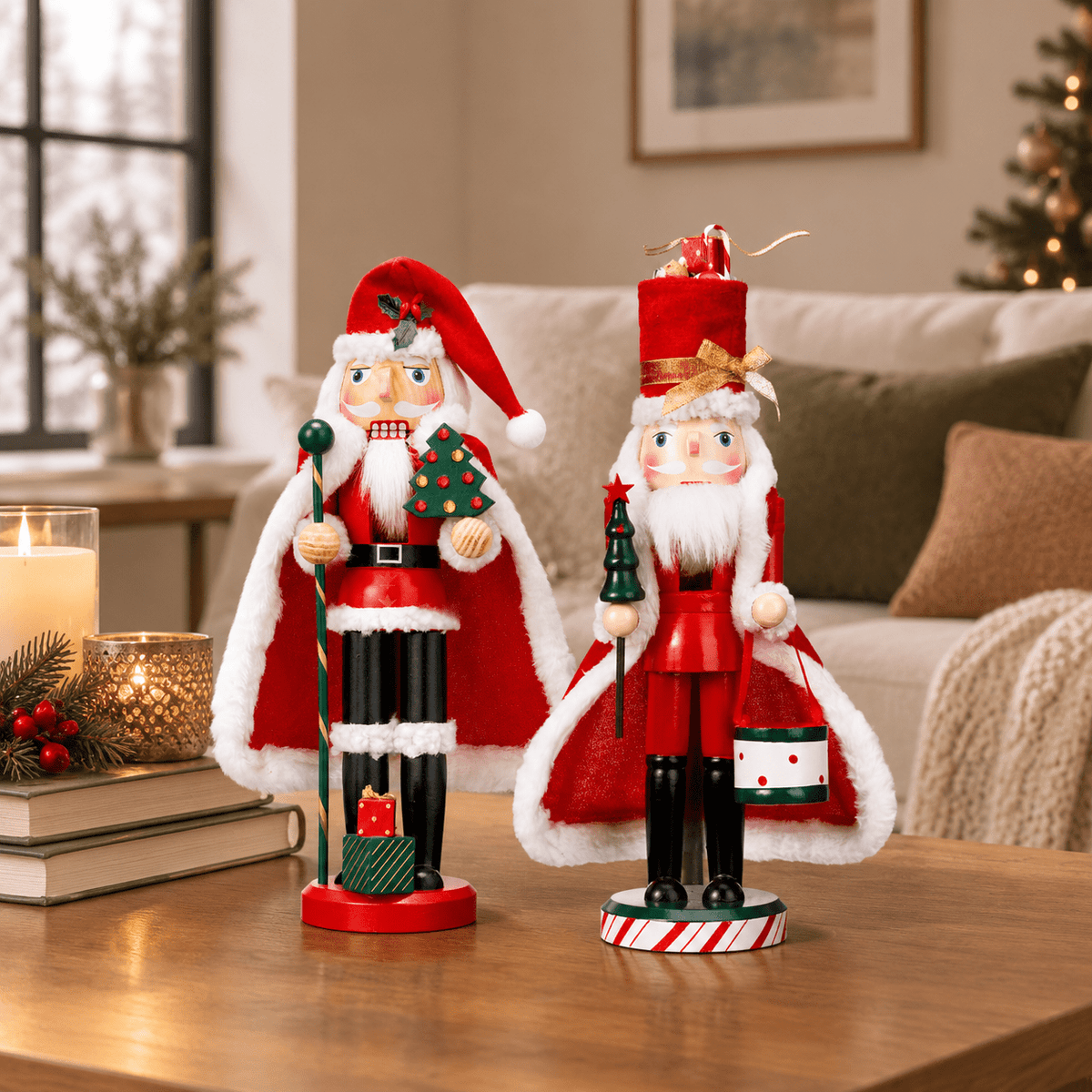 14 Inch Wooden Santa Nutcracker Figures, Set of 2, Red Green White Christmas Decor