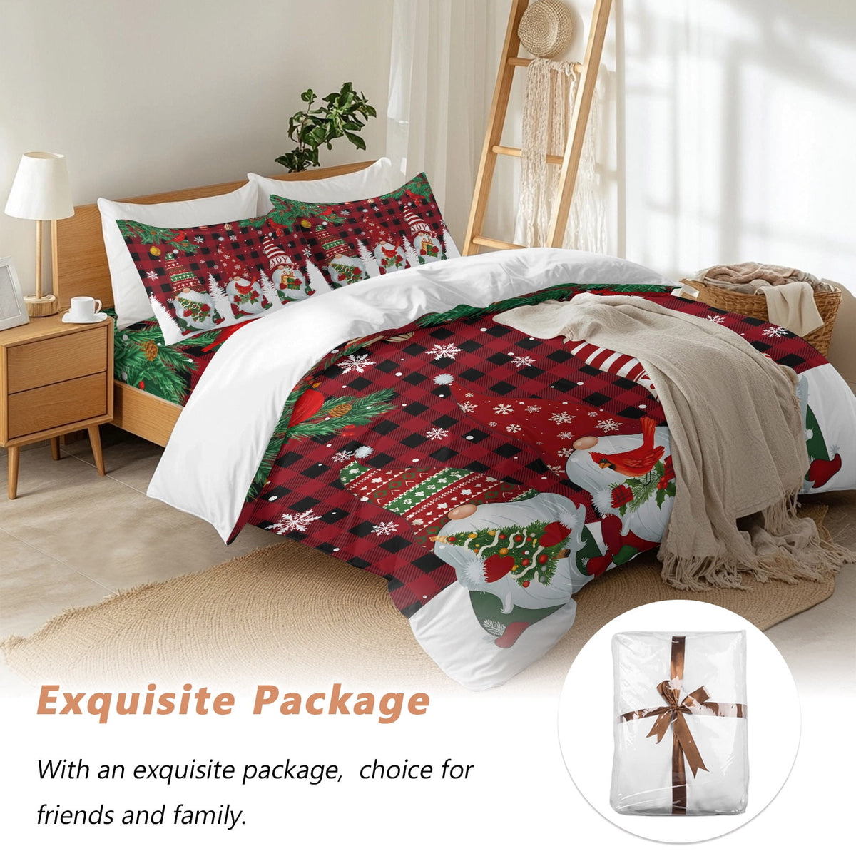 Christmas Snowman Bedding Duvet Cover Set Twin Size 4 Pieces Pine Christmas Tree Snowflakes Red Plaid Bedding Set with Zipper Closure, 1 Comforter Cover 68x90 Inches 1 Flat Sheet & 2 Pillow Cases