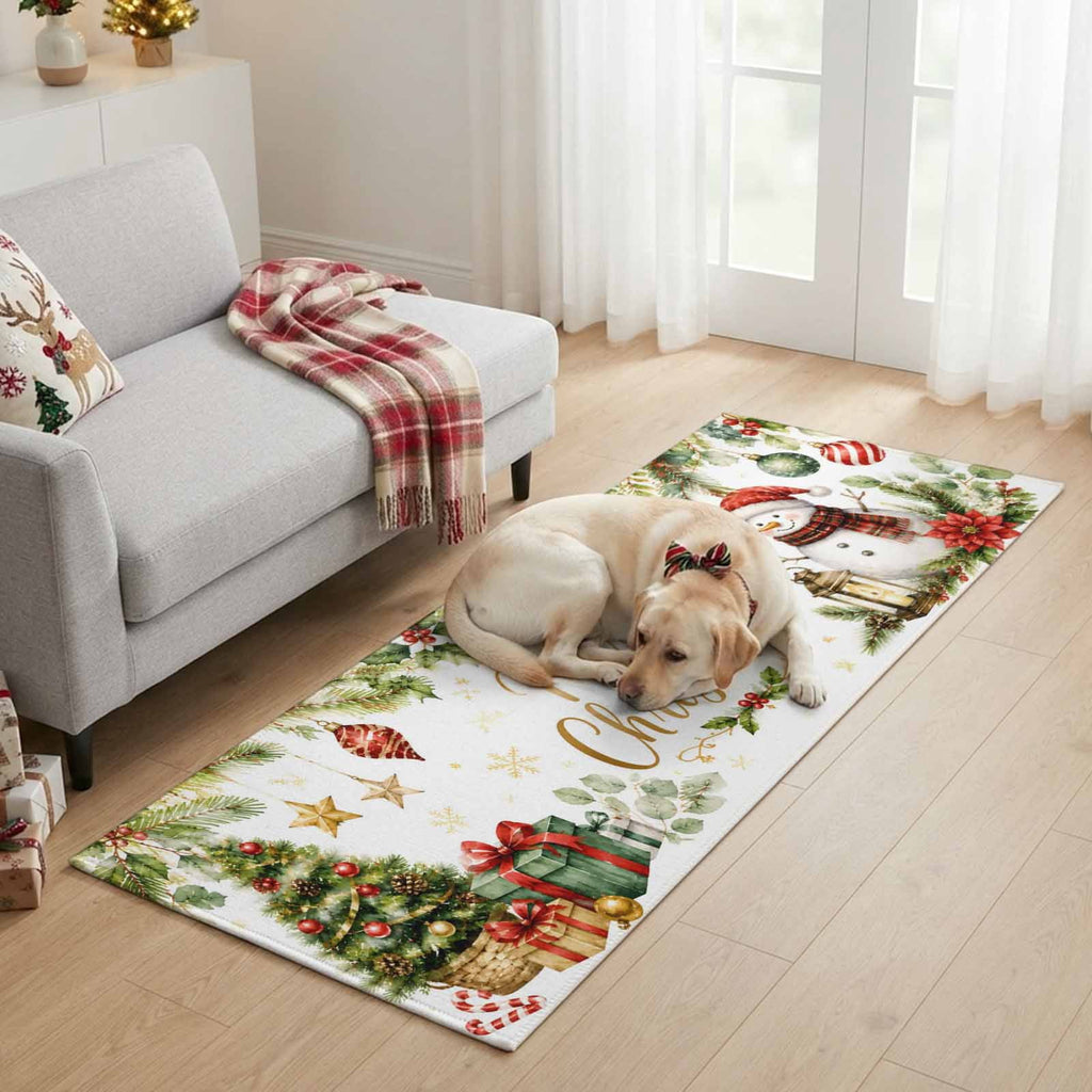 Large Area Rugs for Living Room Bedroom, Blue Merry Christmas 8'x10' Rug Washable Carpet Runner Indoor Outdoor, Xmas Tree Snowman Eucalyptus Wood Non Slip Floor Mats Rug for Kitchen, Patio