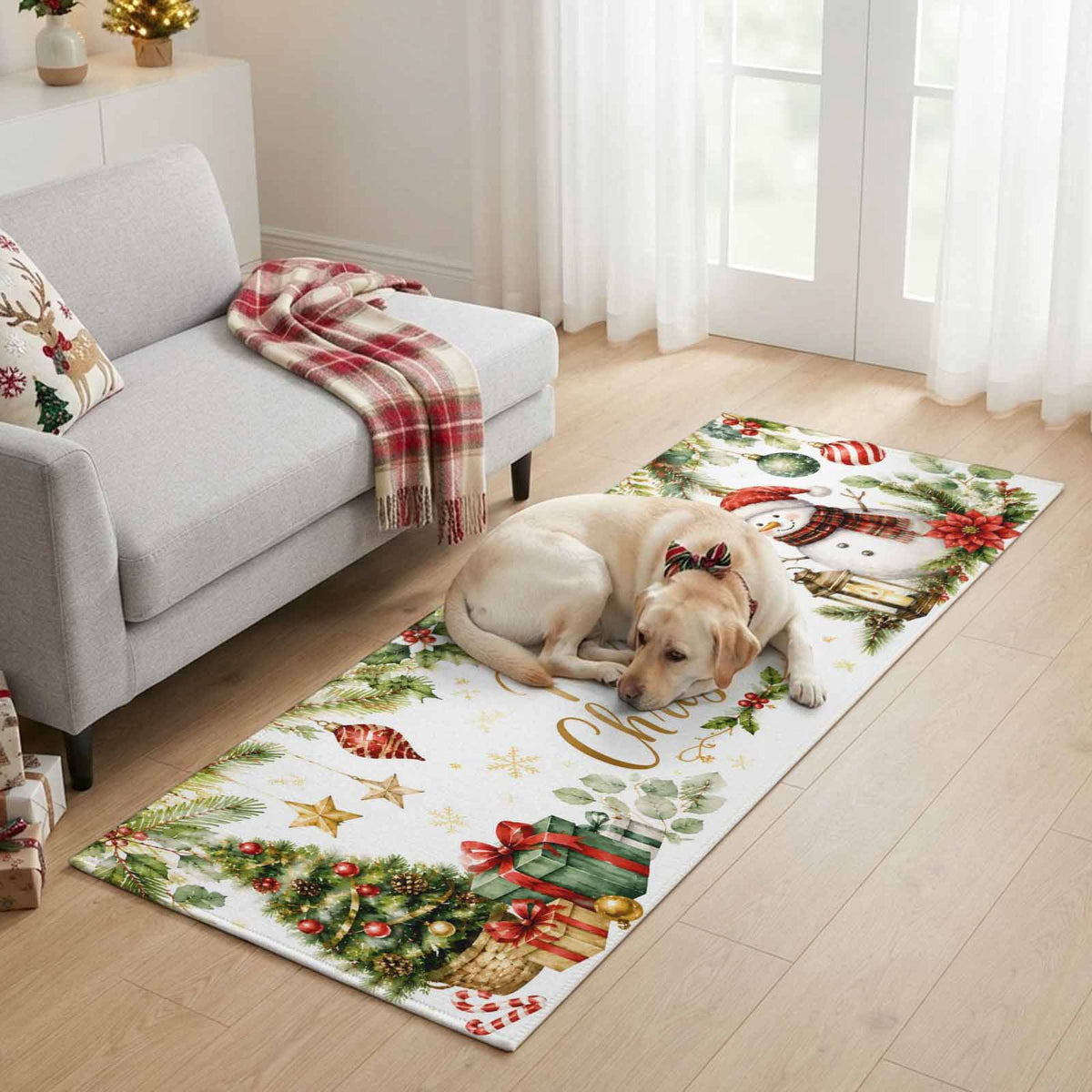 Large Area Rugs for Living Room Bedroom, Blue Merry Christmas 8'x10' Rug Washable Carpet Runner Indoor Outdoor, Xmas Tree Snowman Eucalyptus Wood Non Slip Floor Mats Rug for Kitchen, Patio