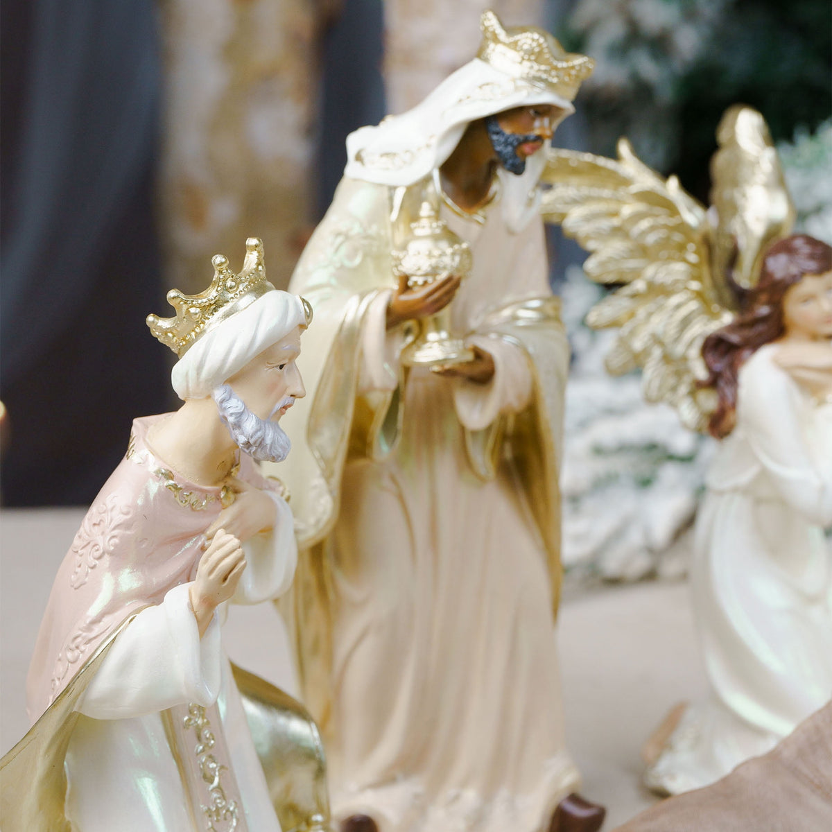 Zayton 11-Piece Nativity Set 8" Light Gold Resin Holy Family Figurines Nativity Scene Tabletop Christmas Decor