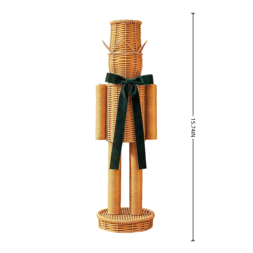15.74 Inch Rattan Nutcracker Christmas Decor, Woven Look Resin Nutcracker Figurine With Green Velvet Bow, Freestanding Christmas Soldier Decoration For Mantel Shelf Entryway