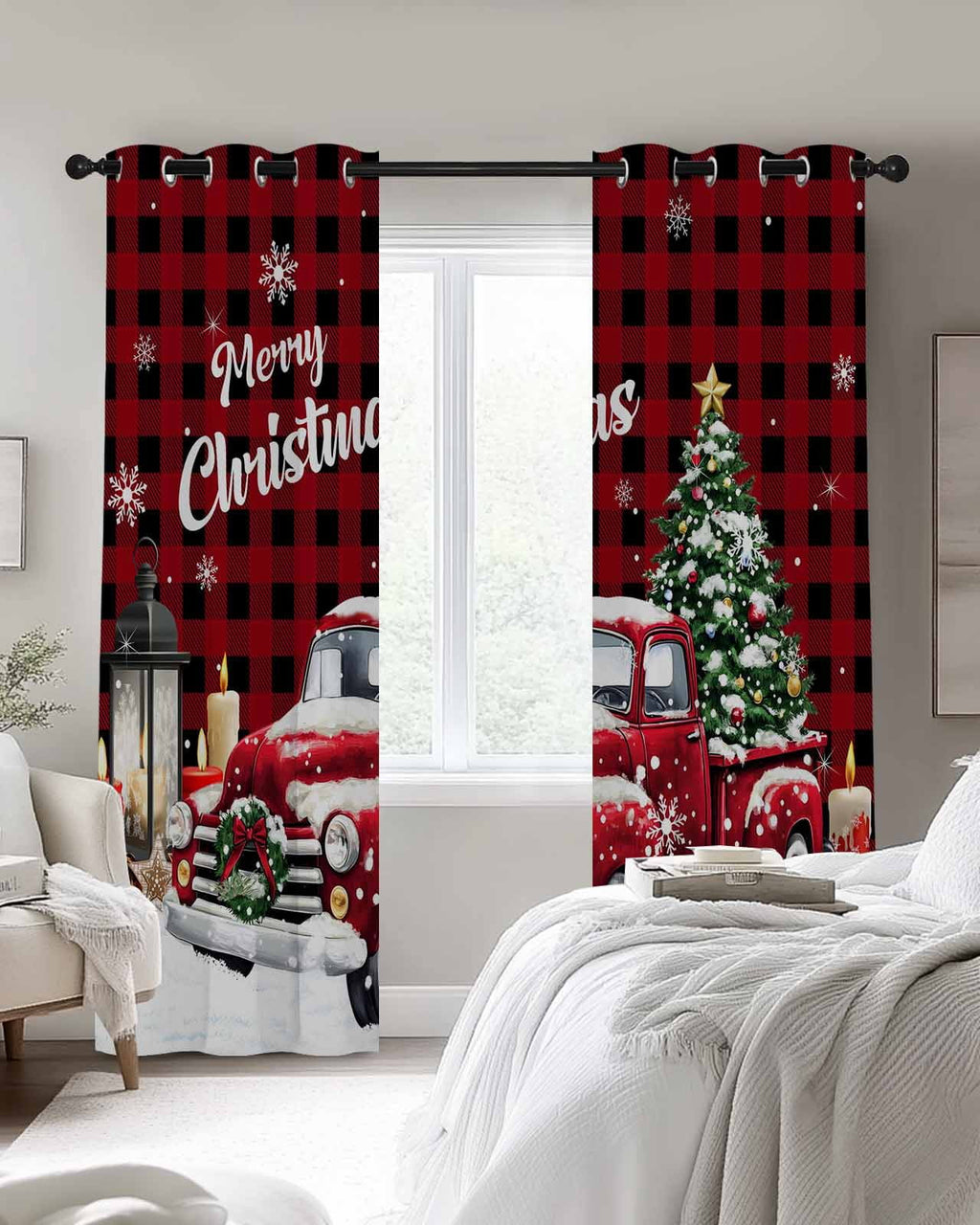 Red Truck Christmas Blackout Curtains 63 Inches Long for Bedroom,Xmas Tree Snowflake Gifts Winter Wooden Thermal Insulated Room Darkening Black Out Window Curtain Panels Grommet Living Room Drapes