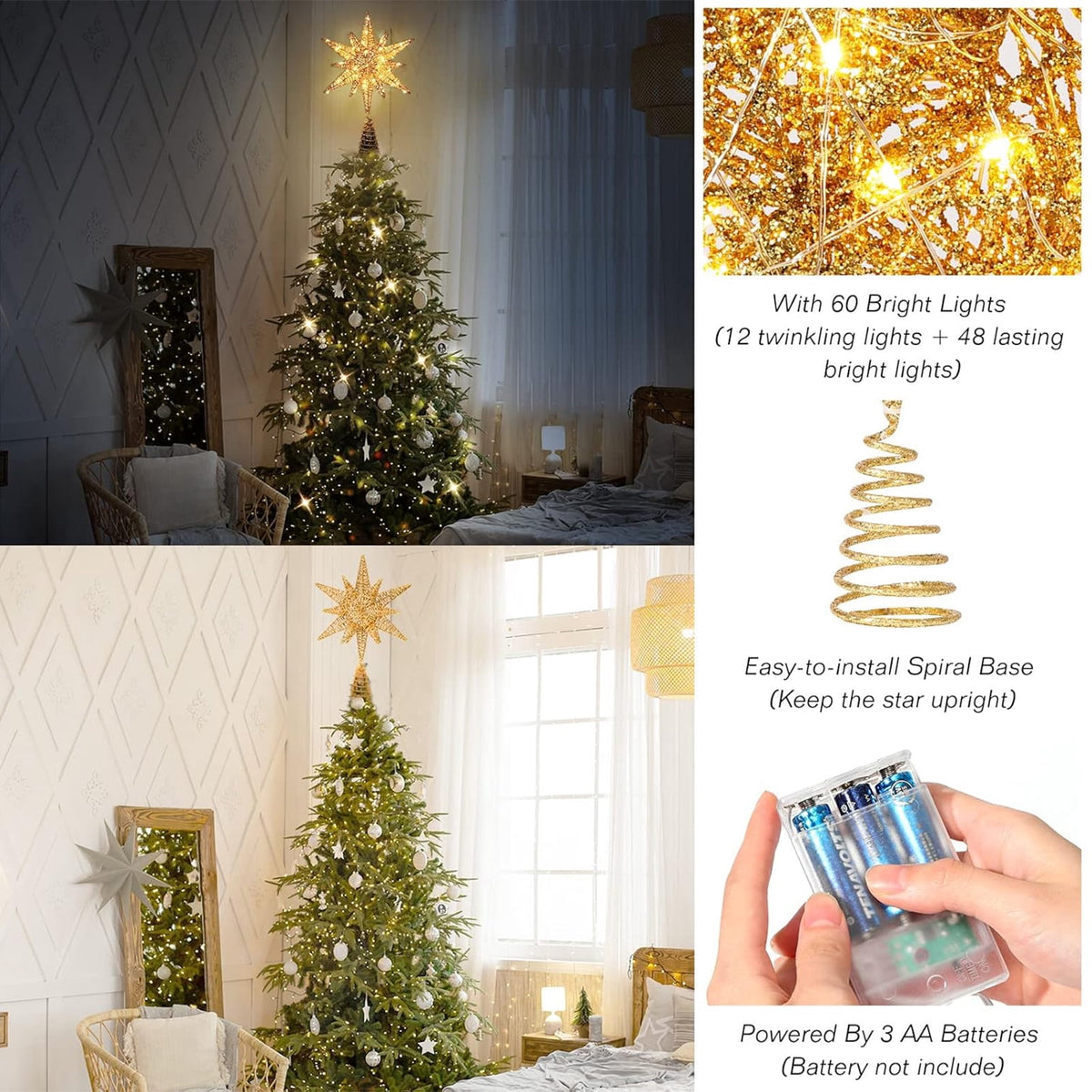 Christmas Tree Topper, LED Lighted Tree Topper, 11.41Inches Double-Layer Glitter Metal 3D Decorations Lights, Ornaments for Home Party(Gold)