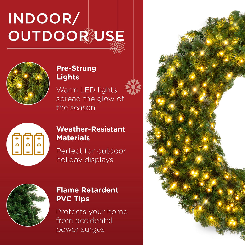 Best Choice Products 48in Artificial Pre-Lit Fir Christmas Wreath Decoration w/ 250 LED Lights, 714 Tips, Power Plug-In