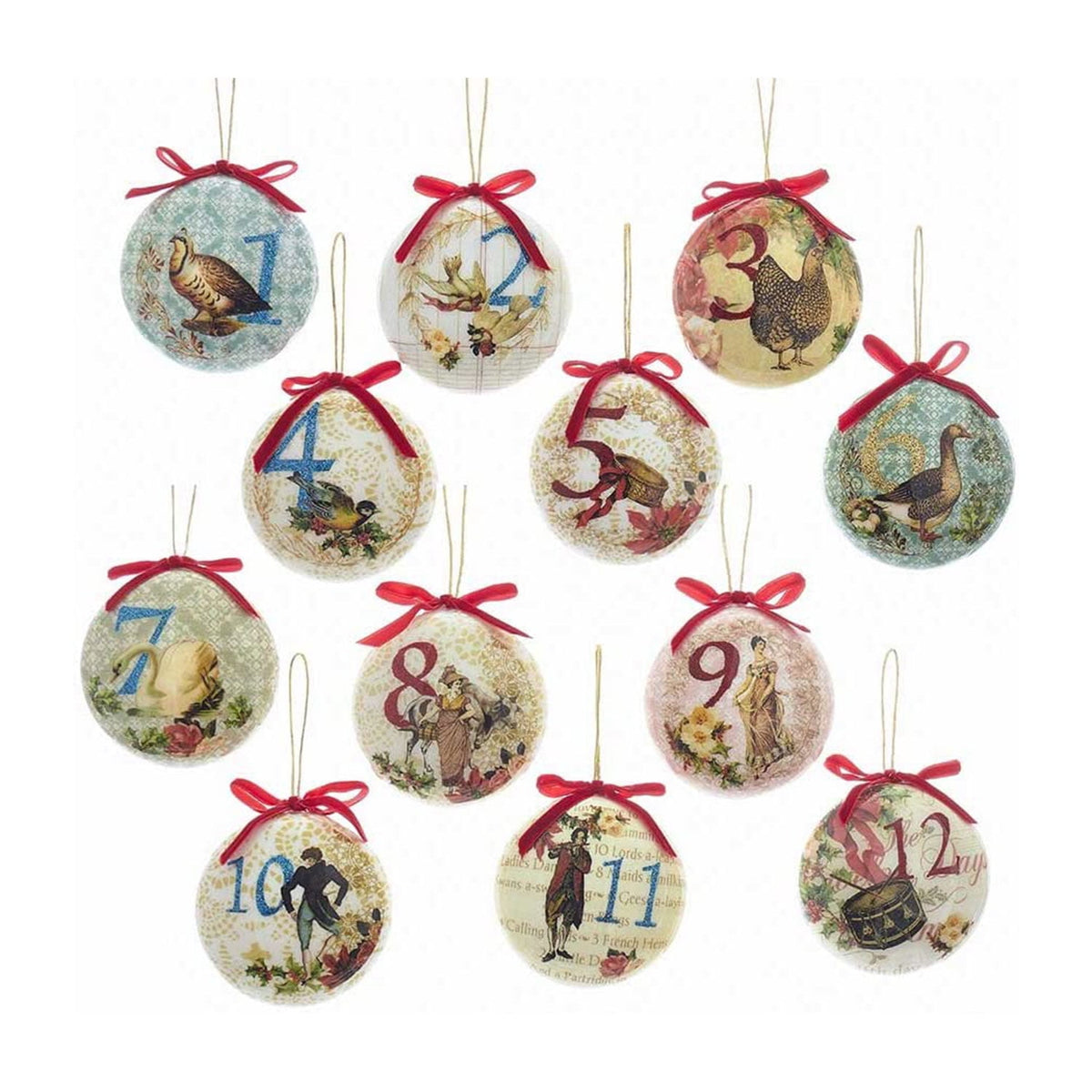 Kurt Adler 12 Piece Holiday 85mm Decoupage Ball Decorative Christmas Ornament Set