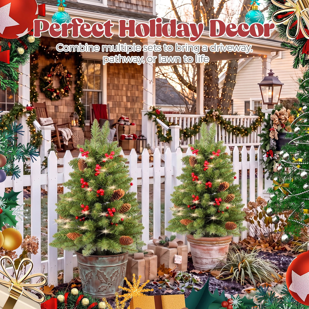 2 Pack 30 inch Prelit Outdoor Pathway Christmas Tree, Artificial Small Xmas Tree with Dual Color Berries & Balls, 30 Battery Operated Warm Lights for Holiday New Year Winter Patio Driveway Yard Lawn
