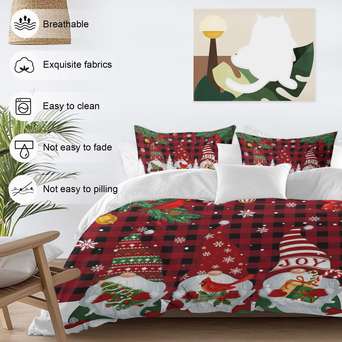 Christmas Snowman Bedding Duvet Cover Set Twin Size 4 Pieces Pine Christmas Tree Snowflakes Red Plaid Bedding Set with Zipper Closure, 1 Comforter Cover 68x90 Inches 1 Flat Sheet & 2 Pillow Cases