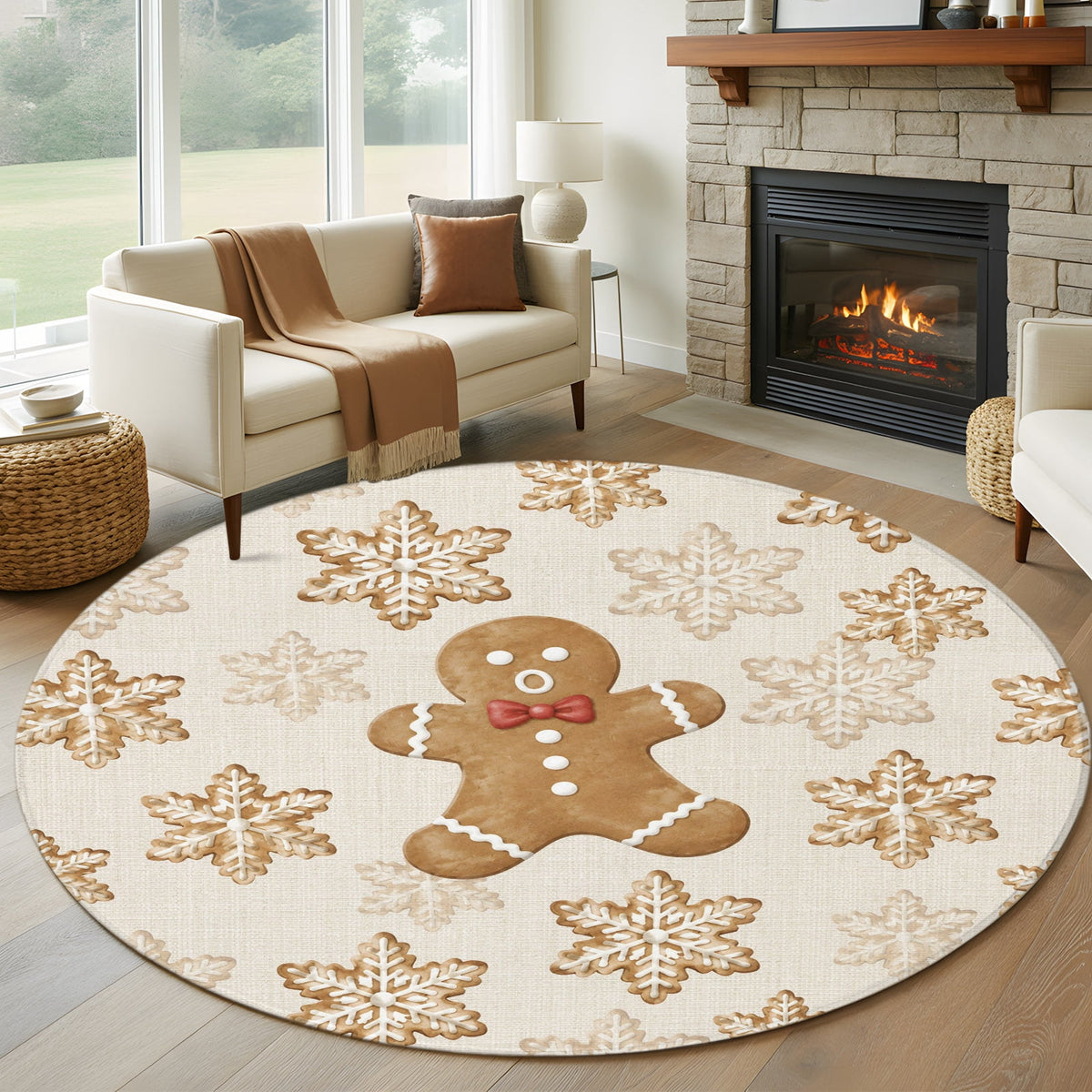6ft Round Rug, Christmas Non-Skid Rubber Backing Large Area Rugs - Living Room Bedroom Home Office, Beige Snowflake Xmas Winter Black Indoor Floor Mat Carpets Washable Rug