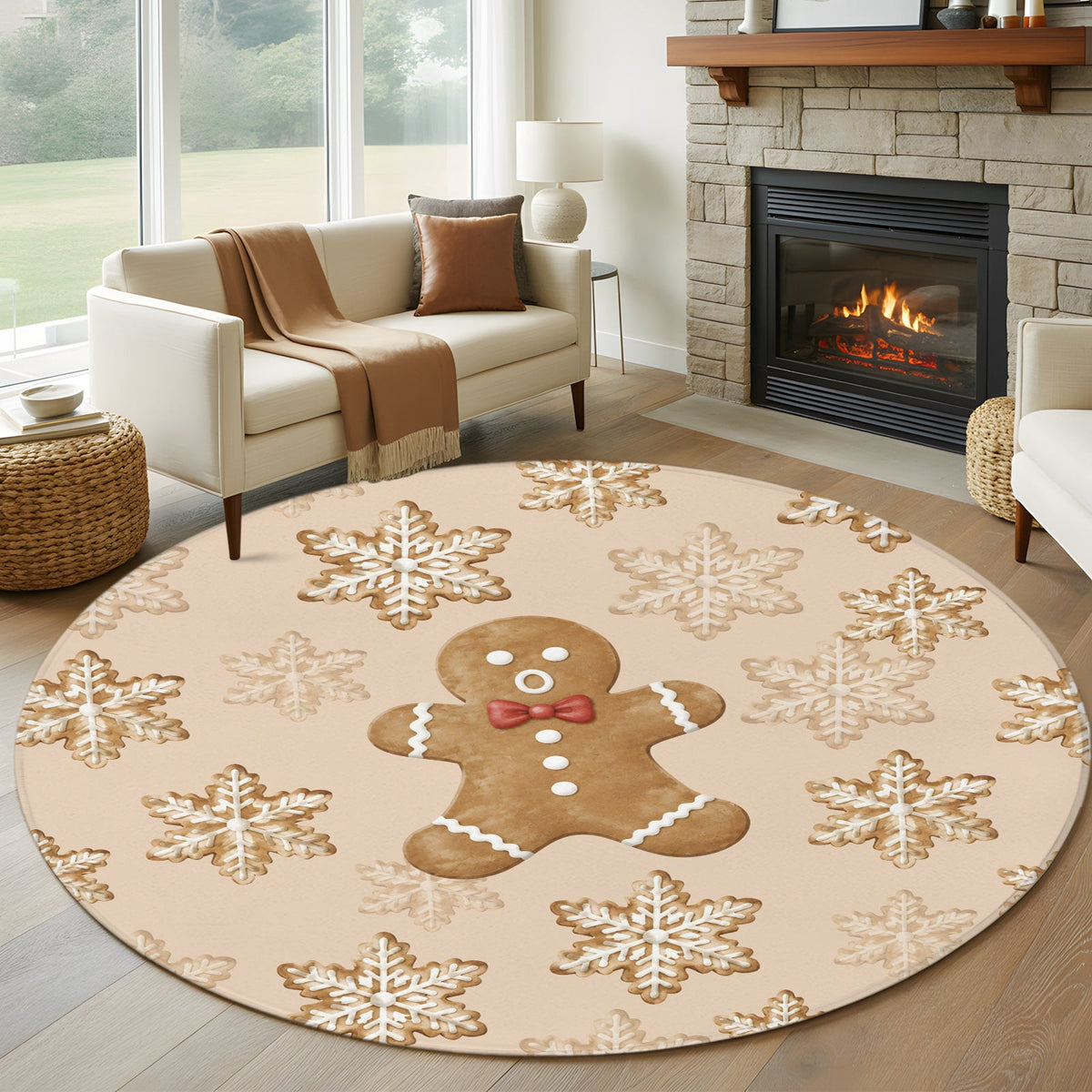 6ft Round Rug, Christmas Non-Skid Rubber Backing Large Area Rugs - Living Room Bedroom Home Office, Beige Snowflake Xmas Winter Black Indoor Floor Mat Carpets Washable Rug