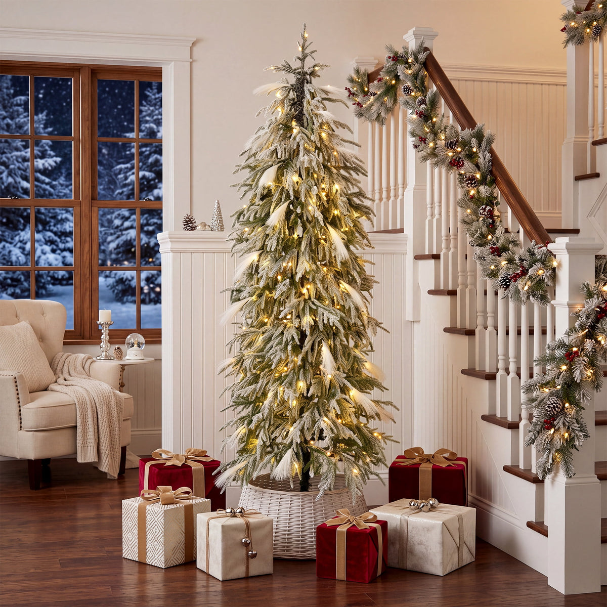 6 ft Flocked Slim Pencil Christmas Tree with LEDs, Pre-Lit Artificial Xmas Tree, 355 Branch Tips, 200 Warm Lights, Metal Base, Green PE for Home Office Holiday Decor