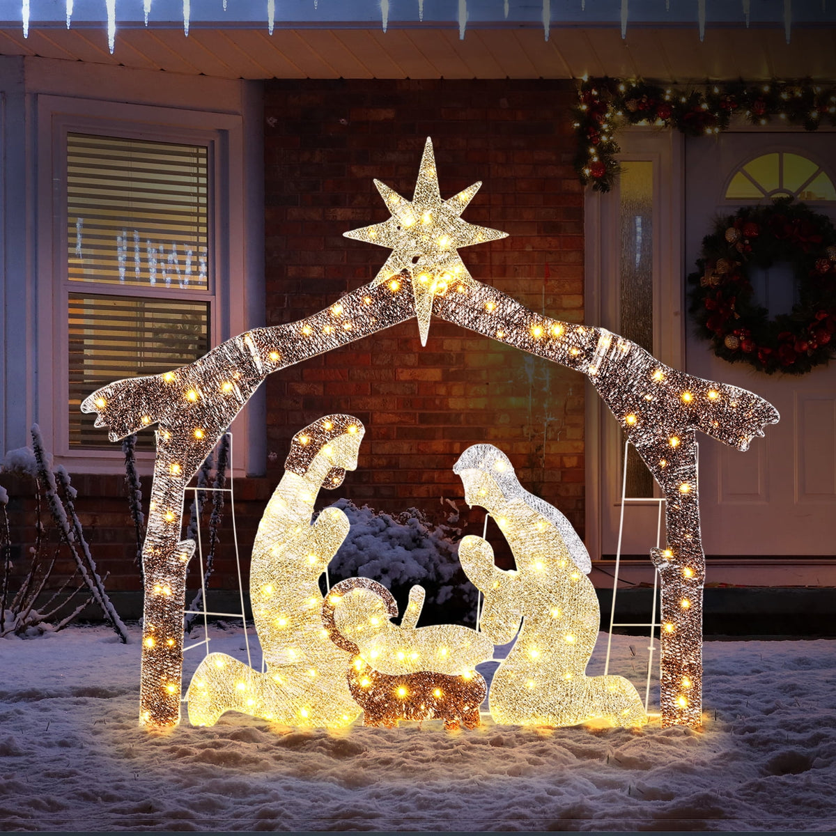 Zimtown 6ft Outdoor Nativity Scene Christmas Lighted Nativity Jesus Decoration w/190 LED,Brown Roof