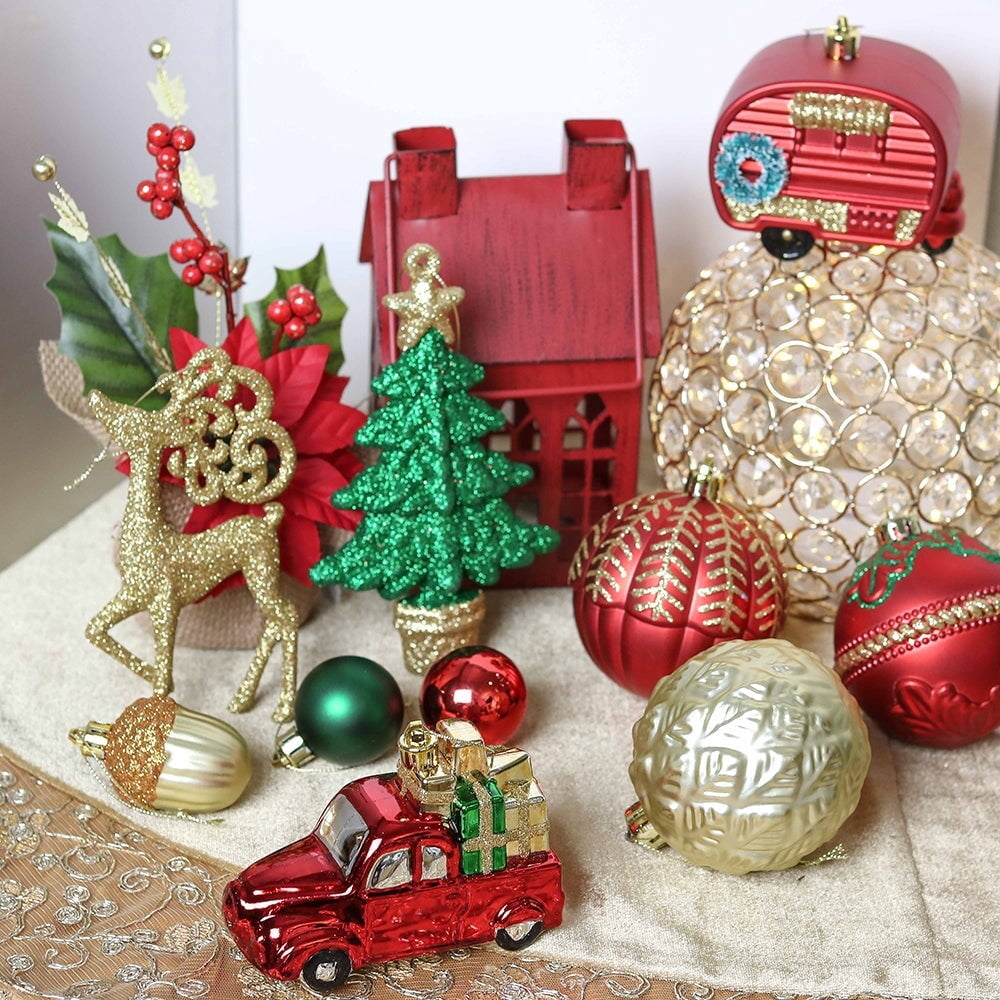 Rustic Christmas Adventure Ornament Bauble 60 Piece Set, Camping Truck, Acorns, Woods Theme