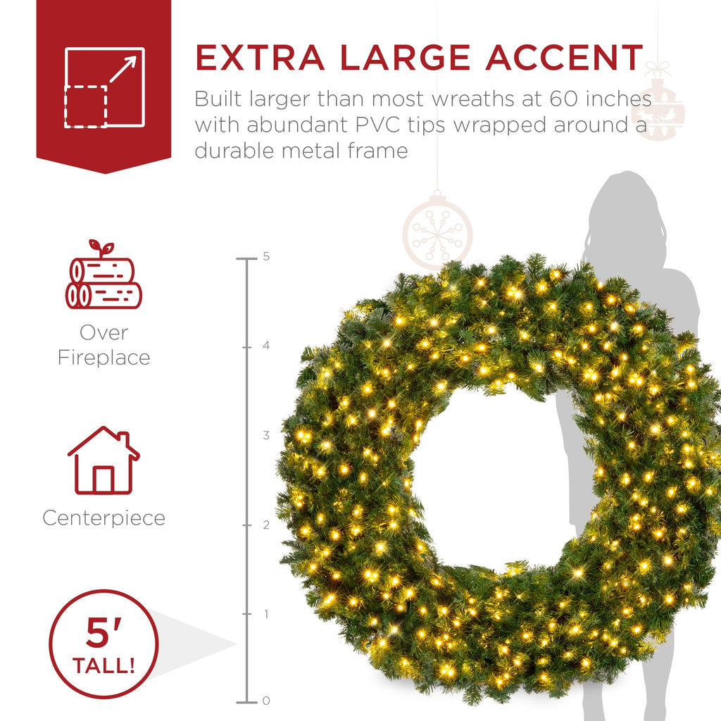 Best Choice Products 48in Artificial Pre-Lit Fir Christmas Wreath Decoration w/ 250 LED Lights, 714 Tips, Power Plug-In