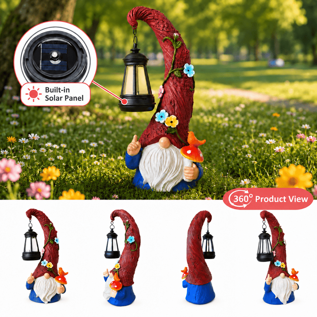 Volivo 13inch Garden Gnome Statue, Solar Powered Gnome Decor with LED Lantern, Waterproof for Patio Garden Pathway