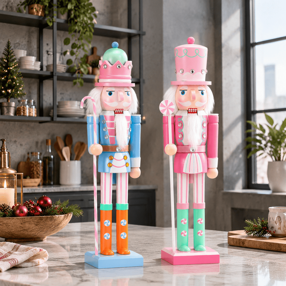 2 Pastel Nutcracker Christmas Figures, Festive Holiday Decor for Home