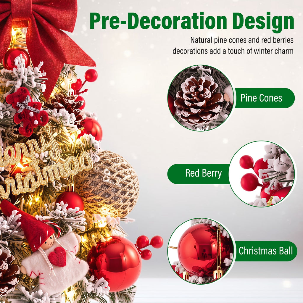 22" Mini Christmas Tree with 30 LEDs, Red Berries & Pinecones, DIY Kit, Battery Powered Tabletop Tree Christmas Decorations Gifts for Dorms, Offices, Home, Classrooms Desks & Small Spaces
