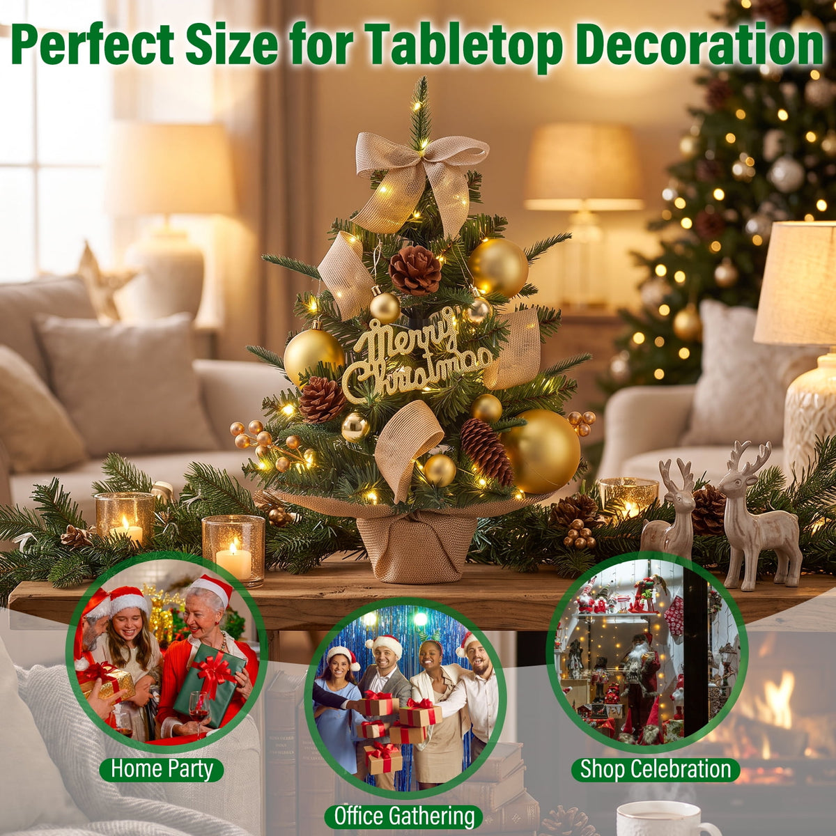 22" Mini Christmas Tree with 30 LEDs, Red Berries & Pinecones, DIY Kit, Battery Powered Tabletop Tree Christmas Decorations Gifts for Dorms, Offices, Home, Classrooms Desks & Small Spaces