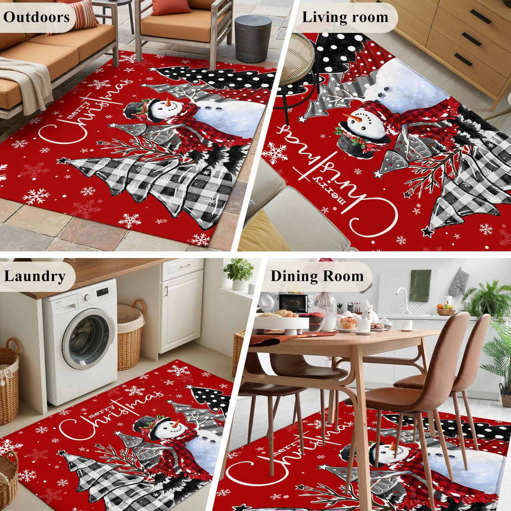 Area Rug 4x6 Ft, Red Christmas Non Slip Area Rugs for Bedroom, Xmas Snowman Snowflake Tree Black Grey Washable Low Pile Indoor Throw Carpet for Home Office Study Room Dining Room Nursery