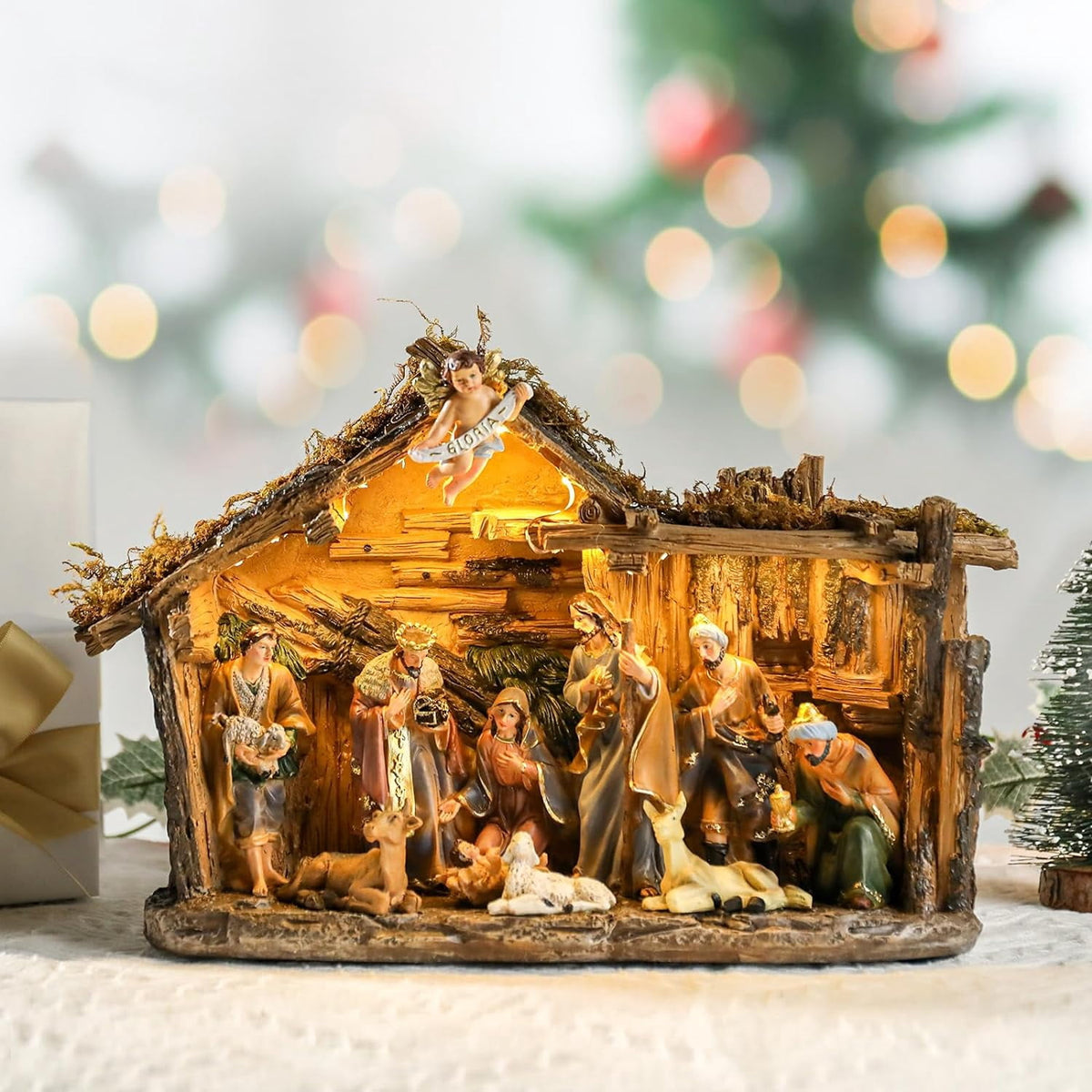 12.5 INCH Wonder Garden Christmas Nativity Set Figurine - Nativity Scene Statue with Moss Stable Village Music Decor
