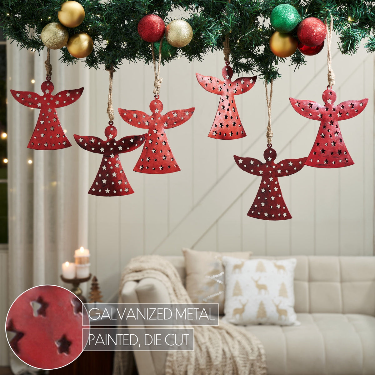 VHC Brands Antique Red Metal Angel Ornament Set of 6 - 6.5 inch