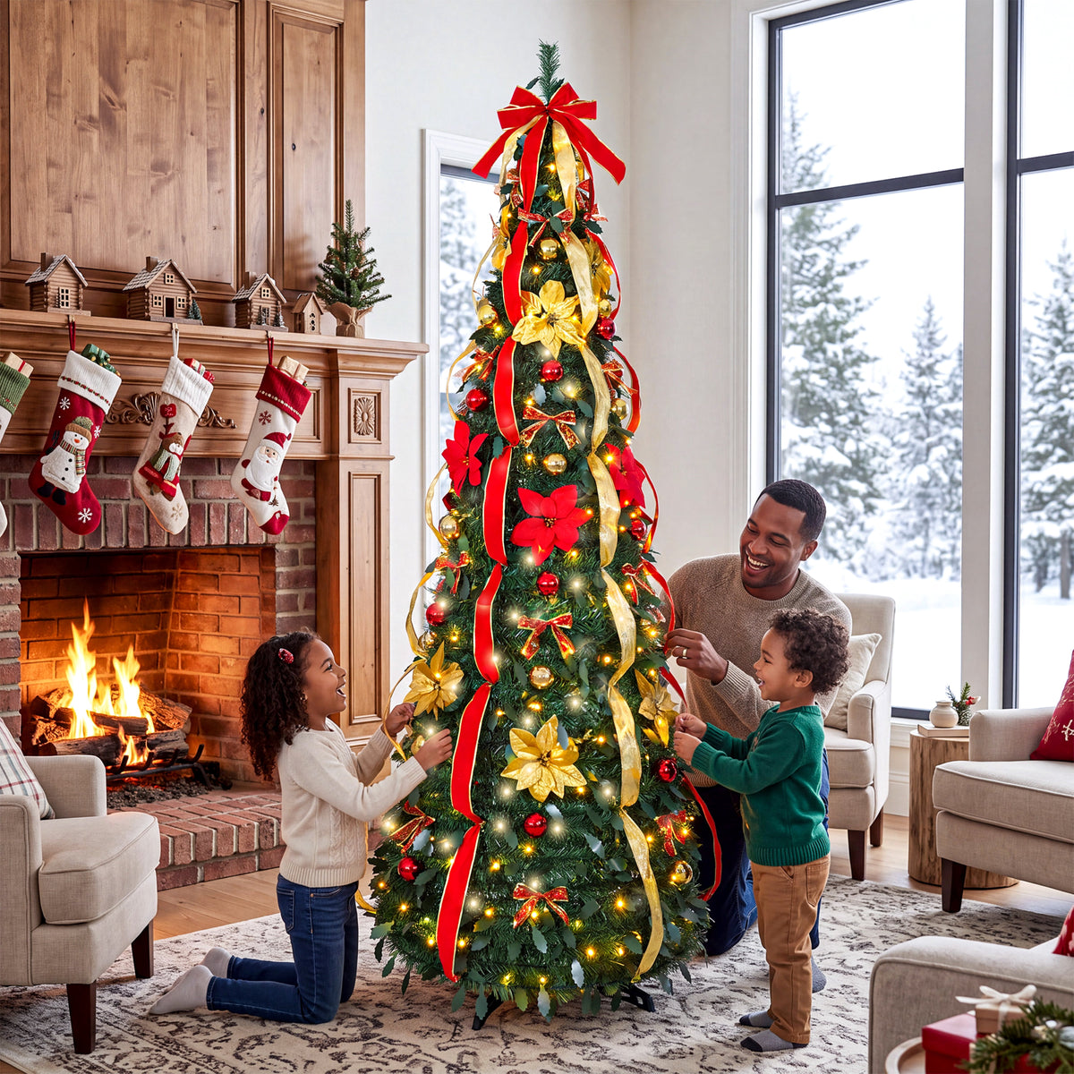 NAPWANT 6ft Pre-Lit Pop-Up Christmas Tree with 200 LED Lights, Pre-Decorated Artificial Xmas Tree with Ornaments, Easy Setup & Foldable Storage