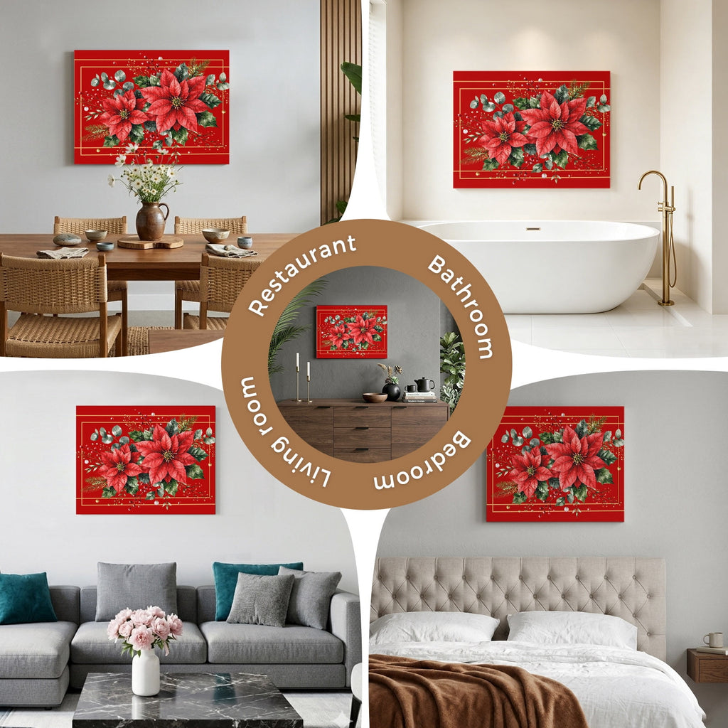 Christmas Poinsettia Flower Canvas Print Wall Art Festive Eucalyptus Leaves Red Base Wall Decor Modern Artwork Paintings Pictures for Living Room Stretched and Framed Ready to Hang - 24" x 32"