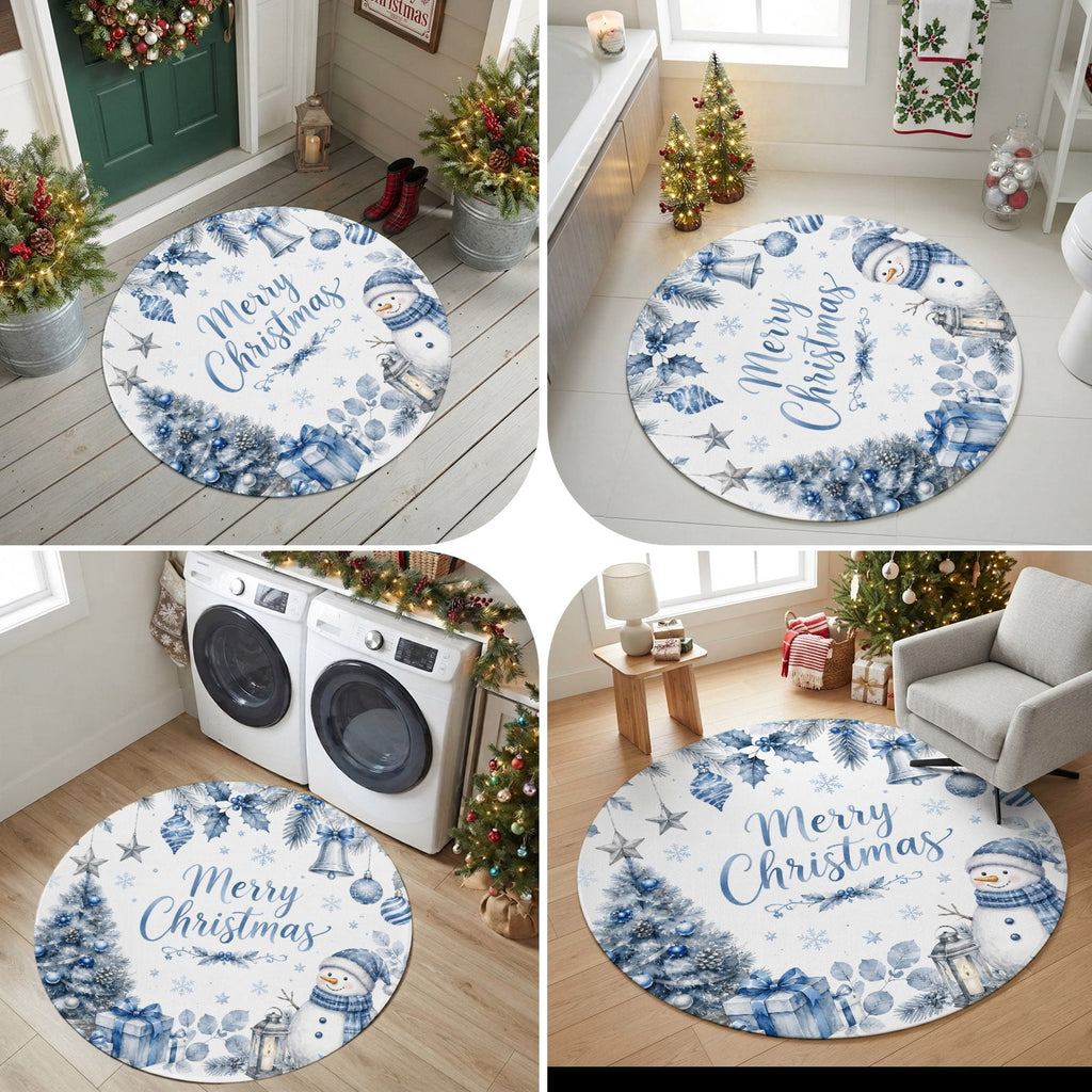 Large Area Rugs for Living Room Bedroom, Blue Merry Christmas 8'x10' Rug Washable Carpet Runner Indoor Outdoor, Xmas Tree Snowman Eucalyptus Wood Non Slip Floor Mats Rug for Kitchen, Patio