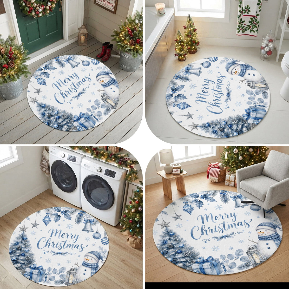Large Area Rugs for Living Room Bedroom, Blue Merry Christmas 8'x10' Rug Washable Carpet Runner Indoor Outdoor, Xmas Tree Snowman Eucalyptus Wood Non Slip Floor Mats Rug for Kitchen, Patio