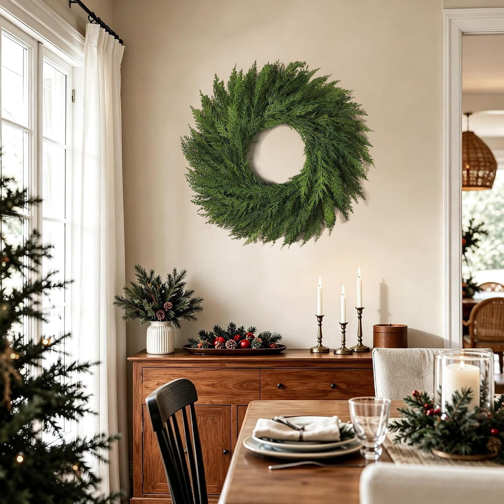 24’’ Real Touch Christmas Wreath, Artificial Cedar Wreath for Door Cedar Wreath,Faux Christmas Wreath for Front Door Wall Windows Porches Indoor Outdoor Christmas Xmas Decorations Winter Decor